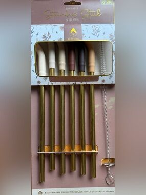 🫶🏻 Wellness Reusable Straws Set with Gold Metal Handles & Cleaning Brush